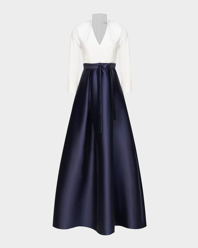 Phoebe 3/4-Sleeve Collared Poplin A-Line Gown
